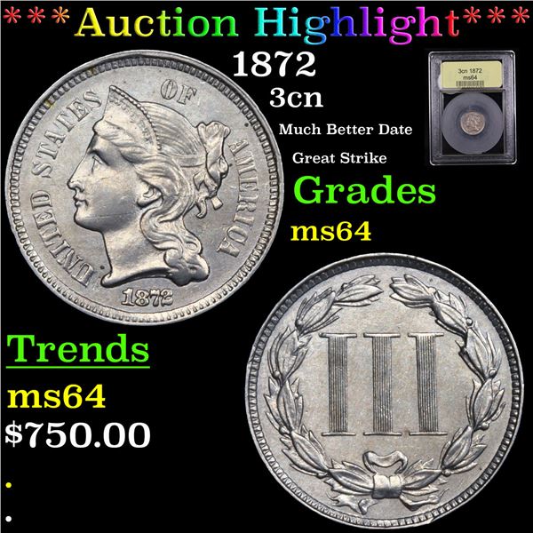 ***Auction Highlight*** 1872 Three Cent Copper Nickel 3cn Graded Choice Unc By USCG (fc)
