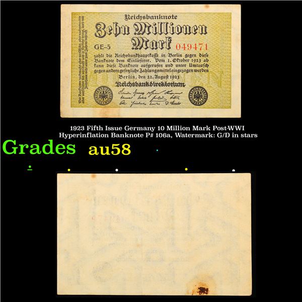 1923 Fifth Issue Germany 10 Million Mark Post-WWI Hyperinflation Banknote P# 106a, Watermark: G/D in