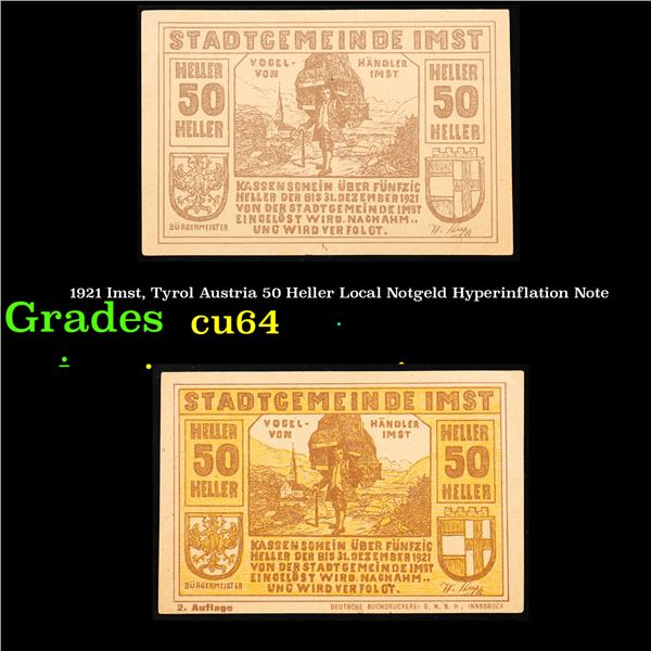 1921 Imst, Tyrol Austria 50 Heller Local Notgeld Hyperinflation Note Grades Choice CU