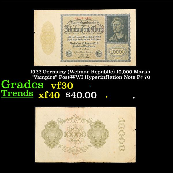 1922 Germany (Weimar Republic) 10,000 Marks  Vampire  Post-WWI Hyperinflation Note P# 70 Grades vf++