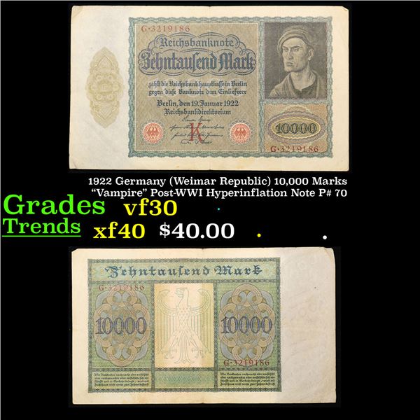 1922 Germany (Weimar Republic) 10,000 Marks "Vampire" Post-WWI Hyperinflation Note P# 70 Grades vf++