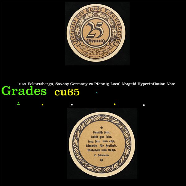 1921 Eckartsberga, Saxony Germany 25 Pfennig Local Notgeld Hyperinflation Note Grades Gem CU