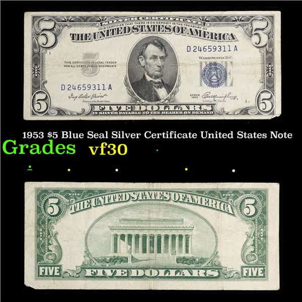 1953 $5 Blue Seal Silver Certificate United States Note Grades vf++