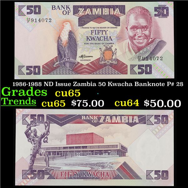 1986-1988 ND Issue Zambia 50 Kwacha Banknote P# 28 Grades Gem CU