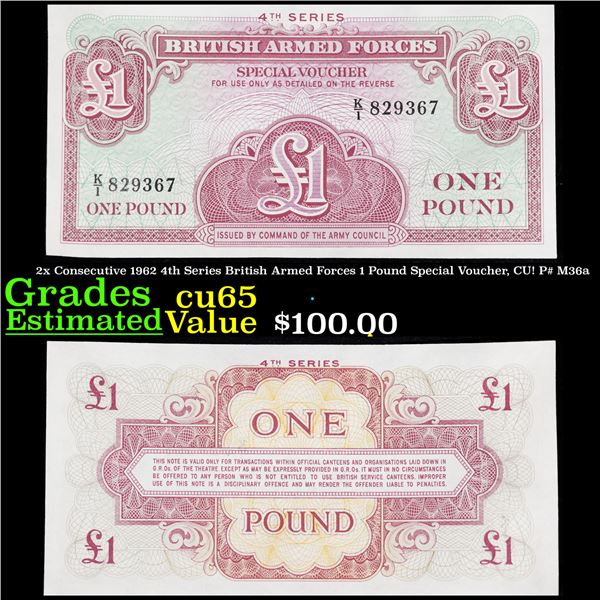 2x Consecutive 1962 4th Series British Armed Forces 1 Pound Special Voucher, CU! P# M36a Grades Gem 