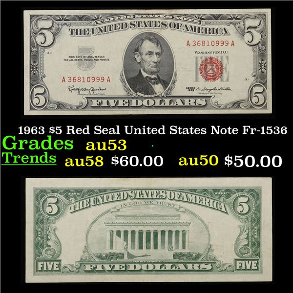 1963 $5 Red Seal United States Note Fr-1536 Grades Select AU