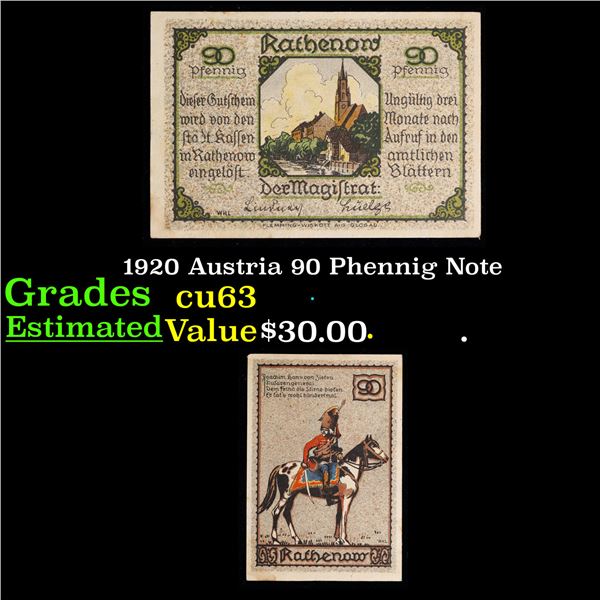 1920 Austria 90 Phennig Note Grades Select CU