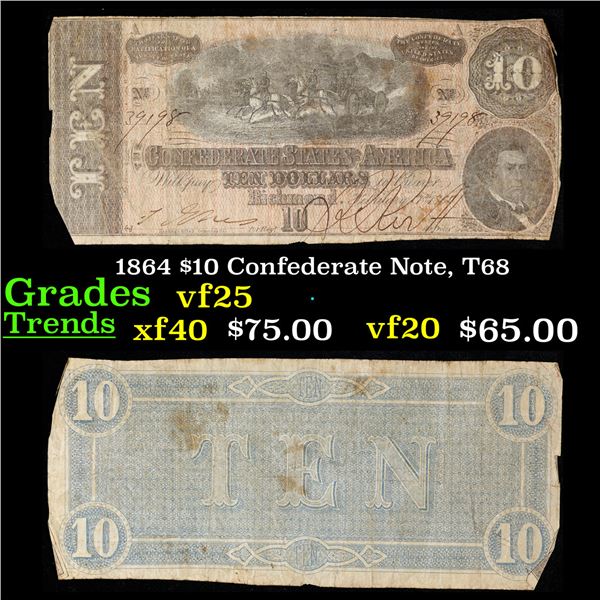 1864 $10 Confederate Note, T68 Grades vf+