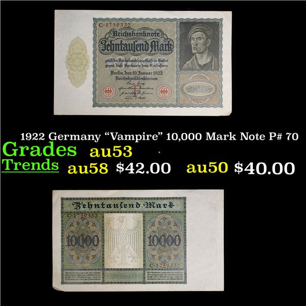 1922 Germany "Vampire" 10,000 Mark Note P# 70 Grades Select AU