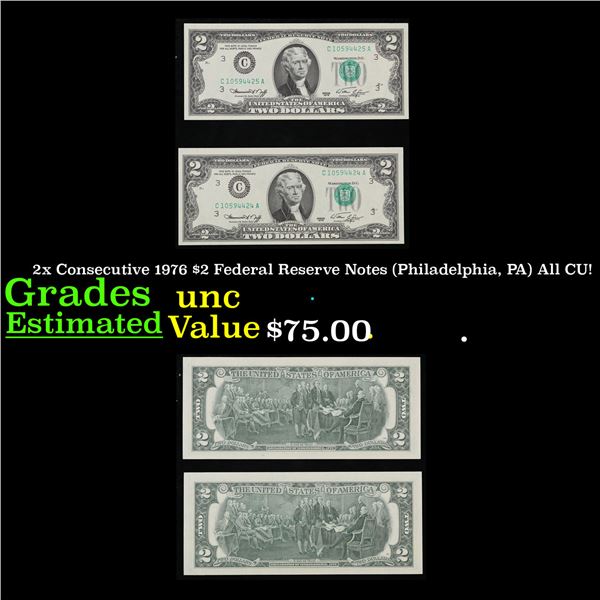 2x Consecutive 1976 $2 Federal Reserve Notes (Philadelphia, PA) All CU! Grades Brilliant Uncirculate