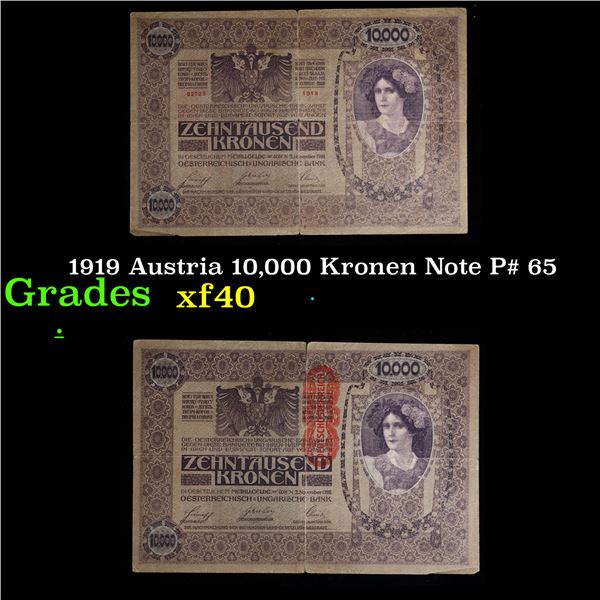 1919 Austria 10,000 Kronen Note P# 65 Grades xf