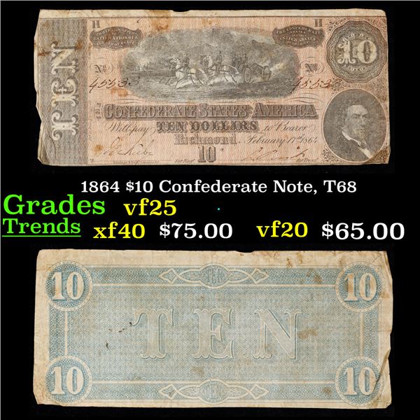 1864 $10 Confederate Note, T68 Grades vf+