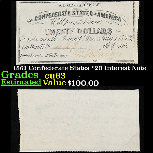 1861 Confederate States $20 Interest Note Grades Select CU