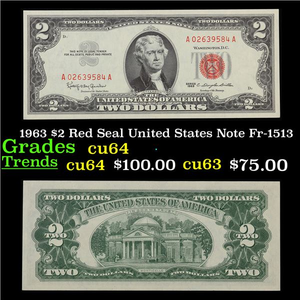 1963 $2 Red Seal United States Note Fr-1513 Grades Choice CU