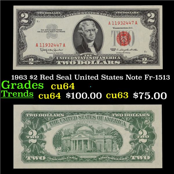 1963 $2 Red Seal United States Note Fr-1513 Grades Choice CU