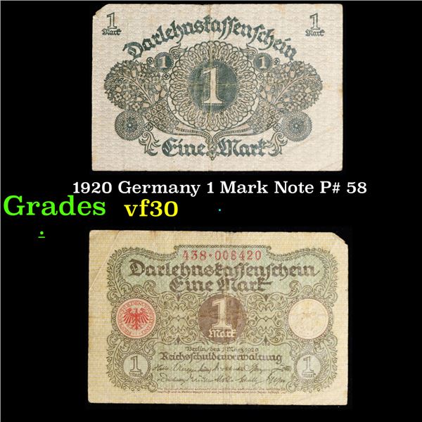 1920 Germany 1 Mark Note P# 58 Grades vf++