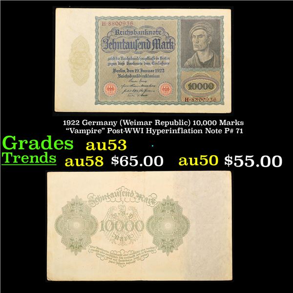 1922 Germany (Weimar Republic) 10,000 Marks  Vampire  Post-WWI Hyperinflation Note P# 71 Grades Sele
