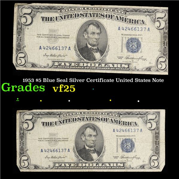 1953 $5 Blue Seal Silver Certificate United States Note Grades vf+