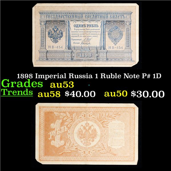 1898 Imperial Russia 1 Ruble Note P# 1D Grades Select AU