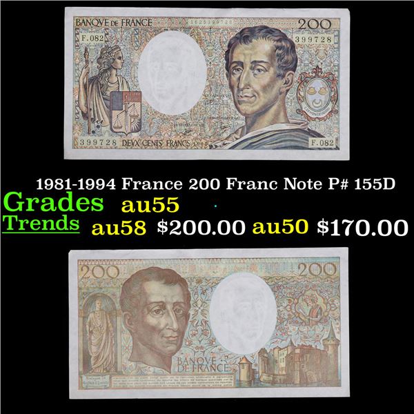 1981-1994 France 200 Franc Note P# 155D Grades Choice AU