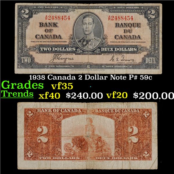 1938 Canada 2 Dollar Note P# 59c Grades vf++
