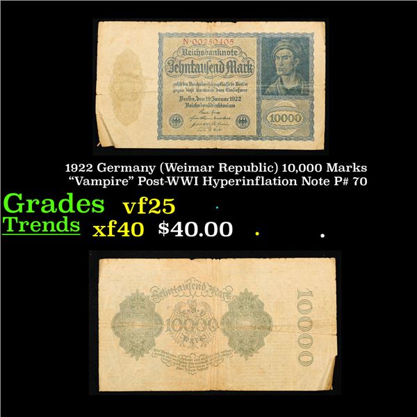 1922 Germany (Weimar Republic) 10,000 Marks "Vampire" Post-WWI Hyperinflation Note P# 70 Grades vf+