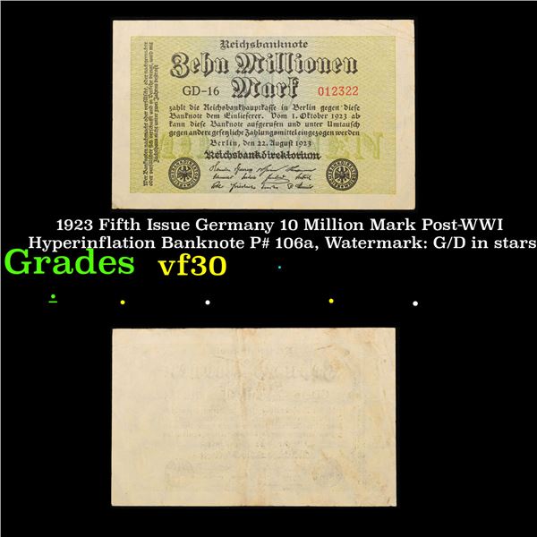 1923 Fifth Issue Germany 10 Million Mark Post-WWI Hyperinflation Banknote P# 106a, Watermark: G/D in