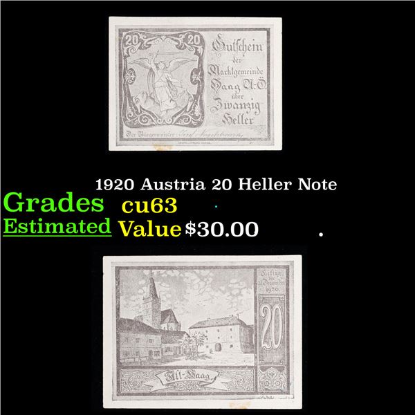 1920 Austria 20 Heller Note Grades Select CU