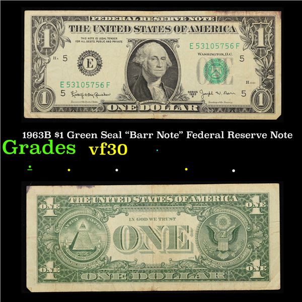 1963B $1 Green Seal "Barr Note" Federal Reserve Note Grades vf++