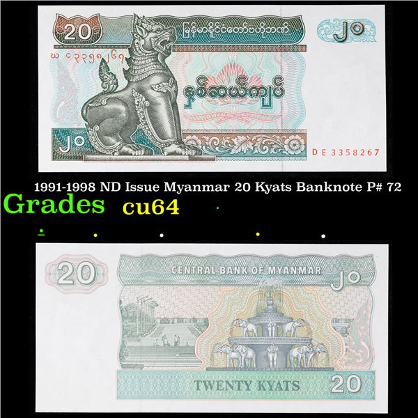1991-1998 ND Issue Myanmar 20 Kyats Banknote P# 72 Grades Choice CU