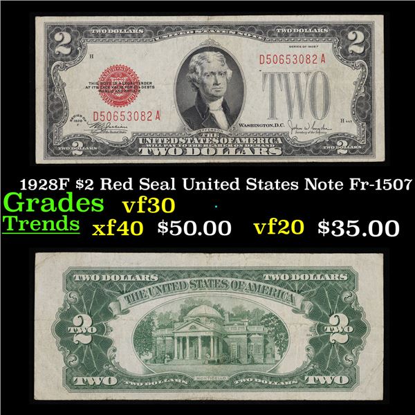 1928F $2 Red Seal United States Note Fr-1507 Grades vf++