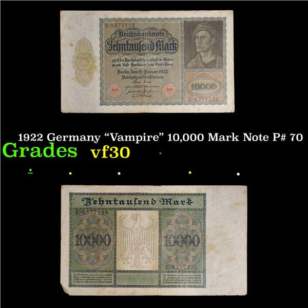 1922 Germany "Vampire" 10,000 Mark Note P# 70 Grades vf++