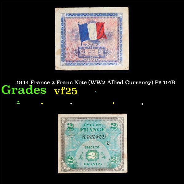 1944 France 2 Franc Note (WW2 Allied Currency) P# 114B Grades vf+