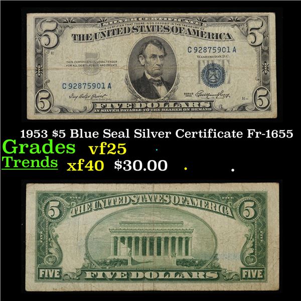 1953 $5 Blue Seal Silver Certificate Fr-1655 Grades vf+