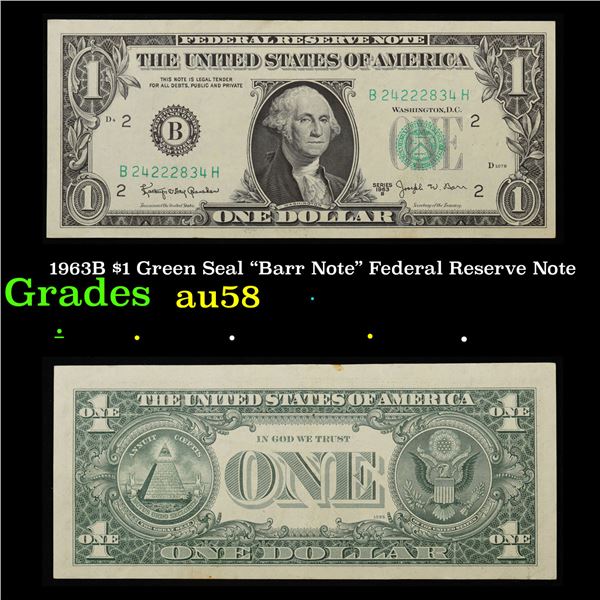 1963B $1 Green Seal  Barr Note  Federal Reserve Note Grades Choice AU/BU Slider