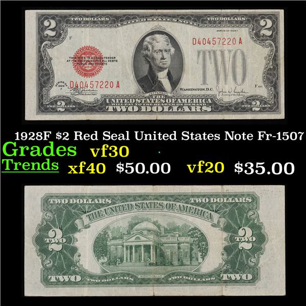 1928F $2 Red Seal United States Note Fr-1507 Grades vf++