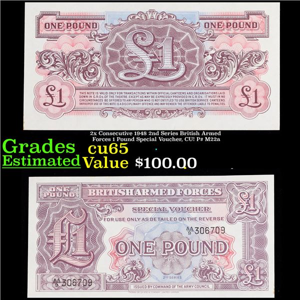 2x Consecutive 1948 2nd Series British Armed Forces 1 Pound Special Voucher, CU! P# M22a Grades Gem 