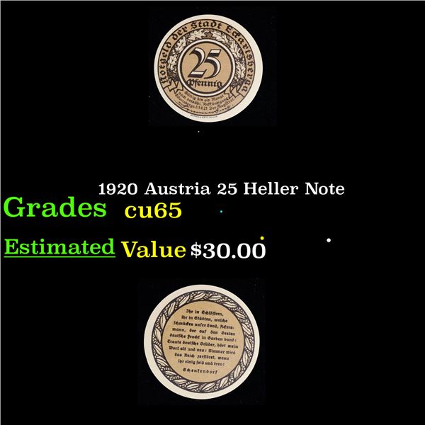1920 Austria 25 Heller Note Grades Gem CU