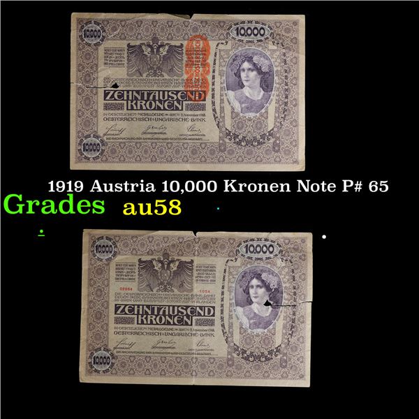 1919 Austria 10,000 Kronen Note P# 65 Grades Choice AU/BU Slider