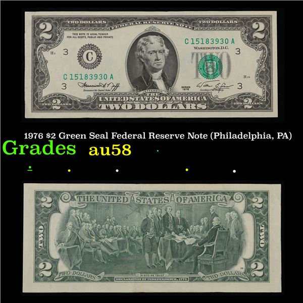 1976 $2 Green Seal Federal Reserve Note (Philadelphia, PA) Grades Choice AU/BU Slider