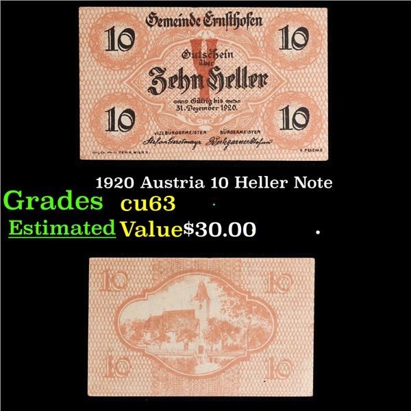 1920 Austria 10 Heller Note Grades Select CU