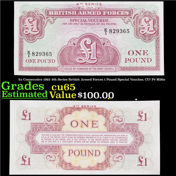 2x Consecutive 1962 4th Series British Armed Forces 1 Pound Special Voucher, CU! P# M36a Grades Gem 