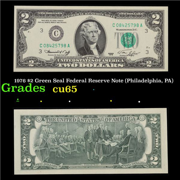 1976 $2 Green Seal Federal Reserve Note (Philadelphia, PA) Grades Gem CU