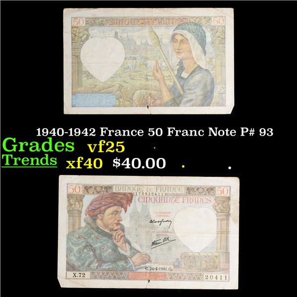 1940-1942 France 50 Franc Note P# 93 Grades vf+