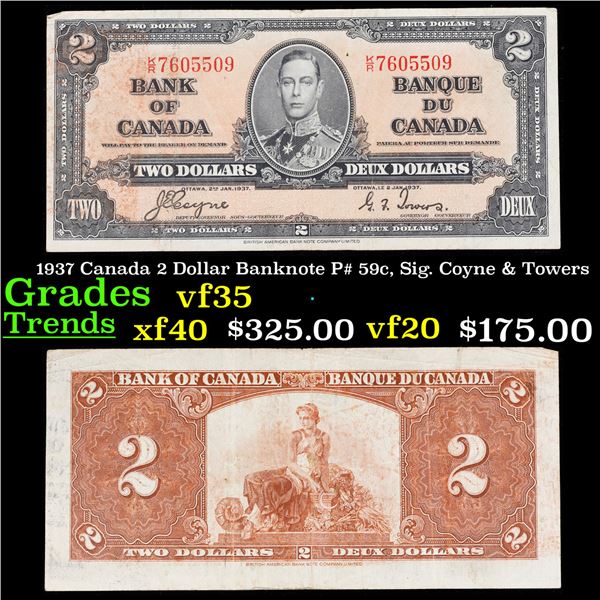 1937 Canada 2 Dollar Banknote P# 59c, Sig. Coyne & Towers Grades vf++