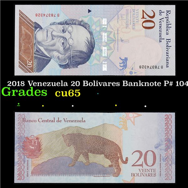 2018 Venezuela 20 Bolivares Banknote P# 104 Grades Gem CU