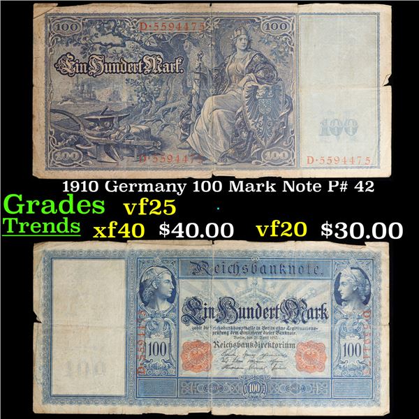1910 Germany 100 Mark Note P# 42 Grades vf+