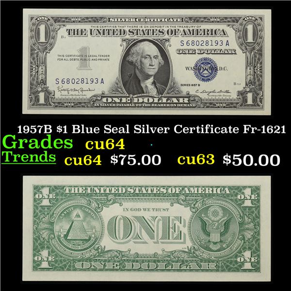 1957B $1 Blue Seal Silver Certificate Fr-1621 Grades Choice CU