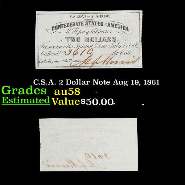 C.S.A. 2 Dollar Note Aug 19, 1861 Grades Choice AU/BU Slider