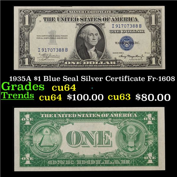1935A $1 Blue Seal Silver Certificate Fr-1608 Grades Choice CU